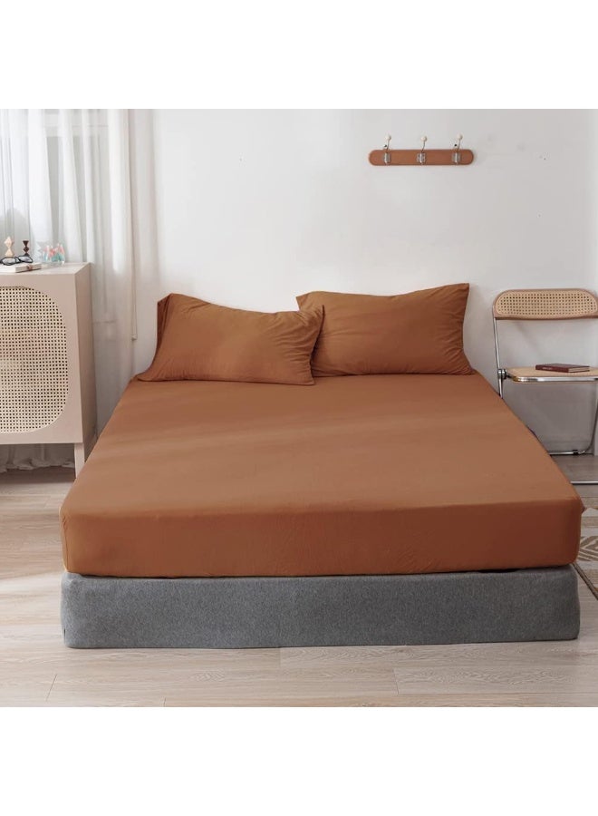 DONEUS Jersey Knit Cotton Fitted Sheet 3 Piece - Ultra Soft, Wrinkle Free and Breathable, 15 Inches Deep Pocket Elastic Sheets with 2 Pillowcases, Solid Burnt Orange Queen - Image 1
